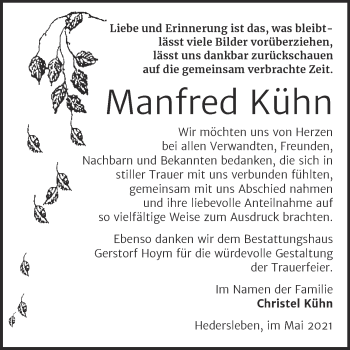 Traueranzeige von Manfred Kühn von Trauerkombi Quedlinburg