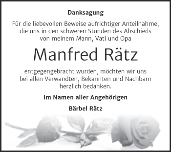 Traueranzeige von Manfred Rätz von Trauerkombi Dessau