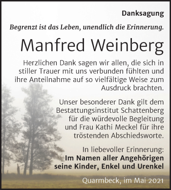 Traueranzeige von Manfred Weinberg von Trauerkombi Quedlinburg