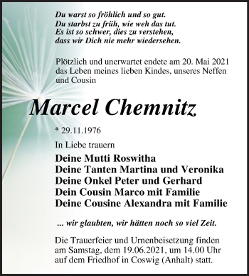 Traueranzeige von Marcel Chemnitz von Trauerkombi Wittenberg