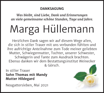 Traueranzeige von Marga Hüllemann von Trauerkombi Bernburg