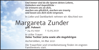 Traueranzeige von Margareta Zunder von Mitteldeutsche Zeitung Aschersleben