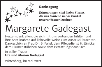 Traueranzeige von Margarete Gadegast von Trauerkombi Wittenberg