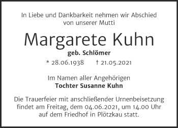 Traueranzeige von Margarete Kuhn von Trauerkombi Bernburg
