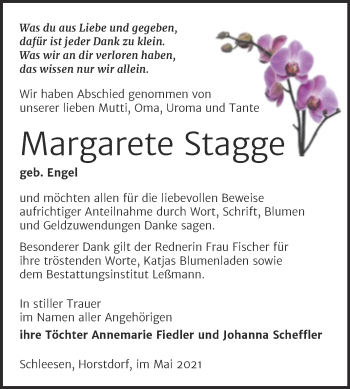 Traueranzeige von Margarete Stagge von Trauerkombi Wittenberg
