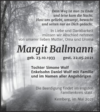 Traueranzeige von Margit Ballmann von Super Sonntag Wittenberg