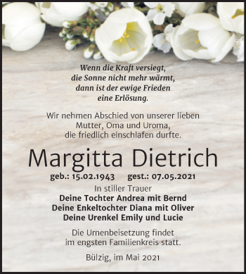 Traueranzeige von Margitta Dietrich von Trauerkombi Wittenberg