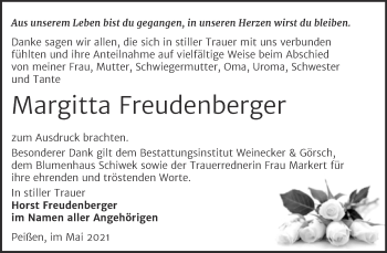 Traueranzeige von Margitta Freudenberger von Trauerkombi Bernburg