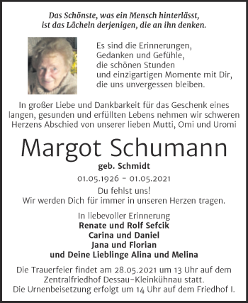 Traueranzeige von Margot Schumann von Trauerkombi Dessau