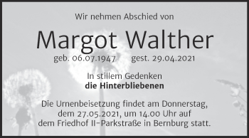 Traueranzeige von Margot Walther von Trauerkombi Bernburg