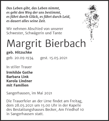 Traueranzeige von Margrit Bierbach von Trauerkombi Sangerhausen