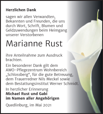 Traueranzeige von Marianne Rust von Trauerkombi Quedlinburg