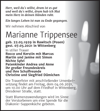 Traueranzeige von Marianne Trippensee von Trauerkombi Wittenberg