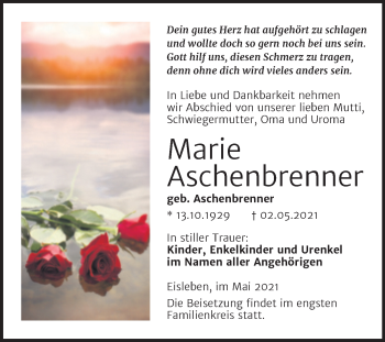 Traueranzeige von Marie Aschenbrenner von Trauerkombi Mansfelder Land