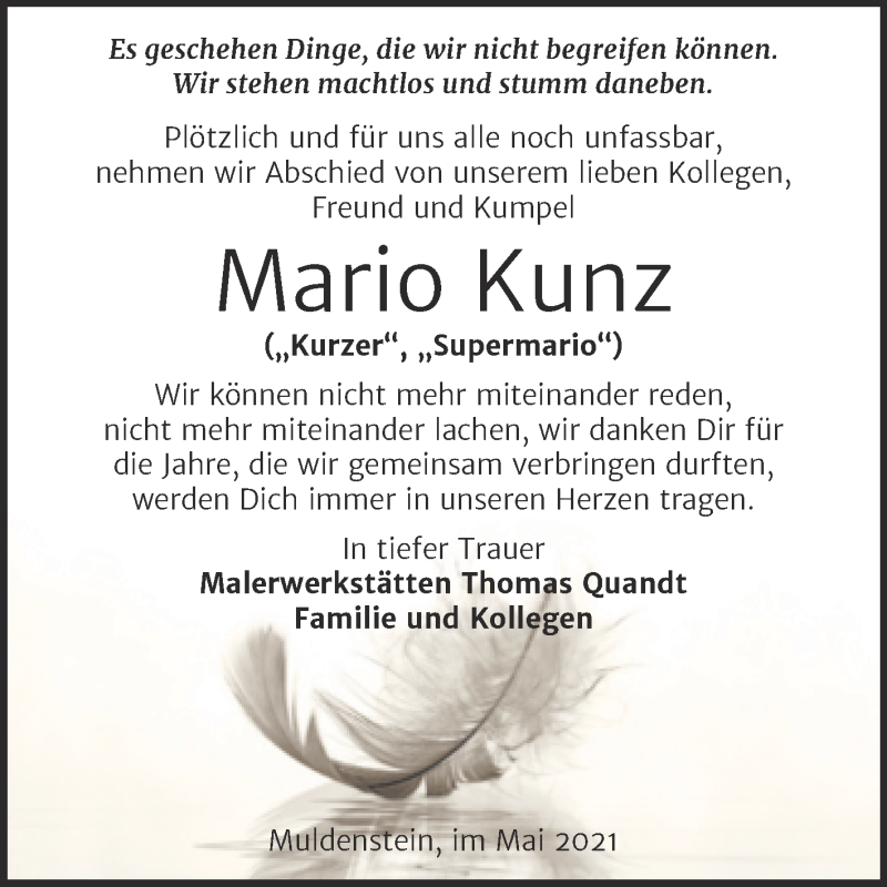  Traueranzeige für Mario Kunz vom 22.05.2021 aus Mitteldeutsche Zeitung