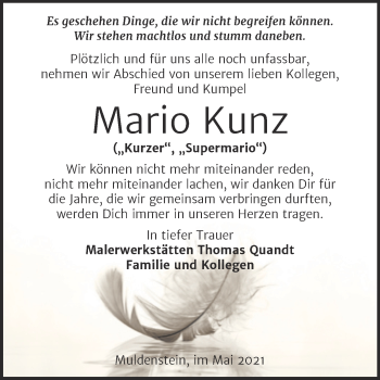 Traueranzeige von Mario Kunz von Mitteldeutsche Zeitung