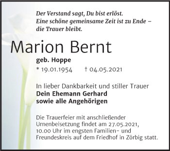 Traueranzeige von Marion Bernt von Trauerkombi Bitterfeld
