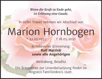 Traueranzeige von Marion Hornbogen von Wochenspiegel Naumburg/Nebra