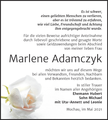Traueranzeige von Marlene Adamczyk von Trauerkombi Wittenberg