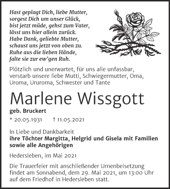 Traueranzeige von Marlene Wissgott von Trauerkombi Quedlinburg