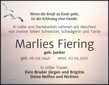 Traueranzeige von Marlies Fiering von Trauerkombi Weißenfels