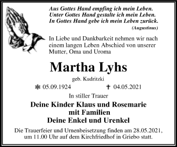 Traueranzeige von Martha Lyhs von Trauerkombi Wittenberg