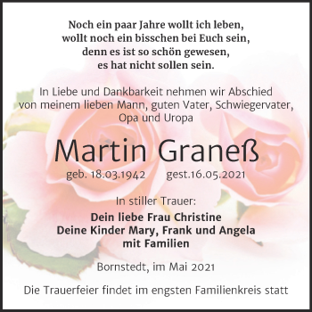 Traueranzeige von Martin Graneß von Trauerkombi Mansfelder Land