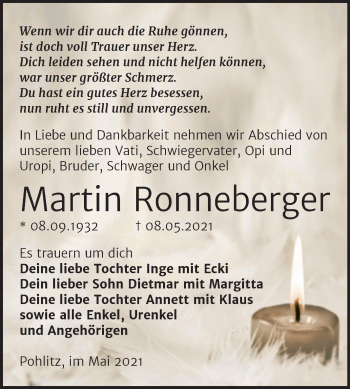 Traueranzeige von Martin Ronneberger von Wochenspiegel Naumburg/Nebra