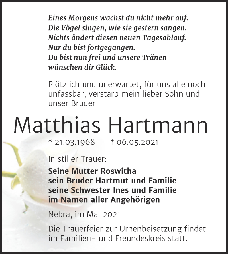  Traueranzeige für Matthias Hartmann vom 19.05.2021 aus Wochenspiegel Naumburg/Nebra