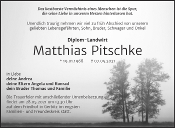 Traueranzeige von Matthias Pitschke von Trauerkombi Bernburg