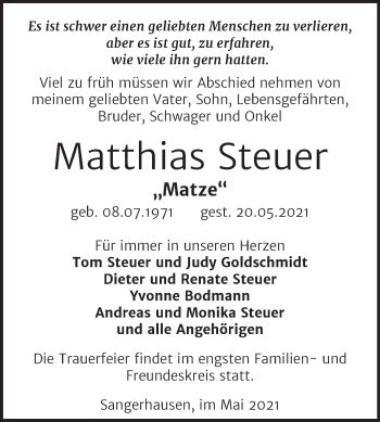 Traueranzeige von Matthias Steuer von Trauerkombi Sangerhausen
