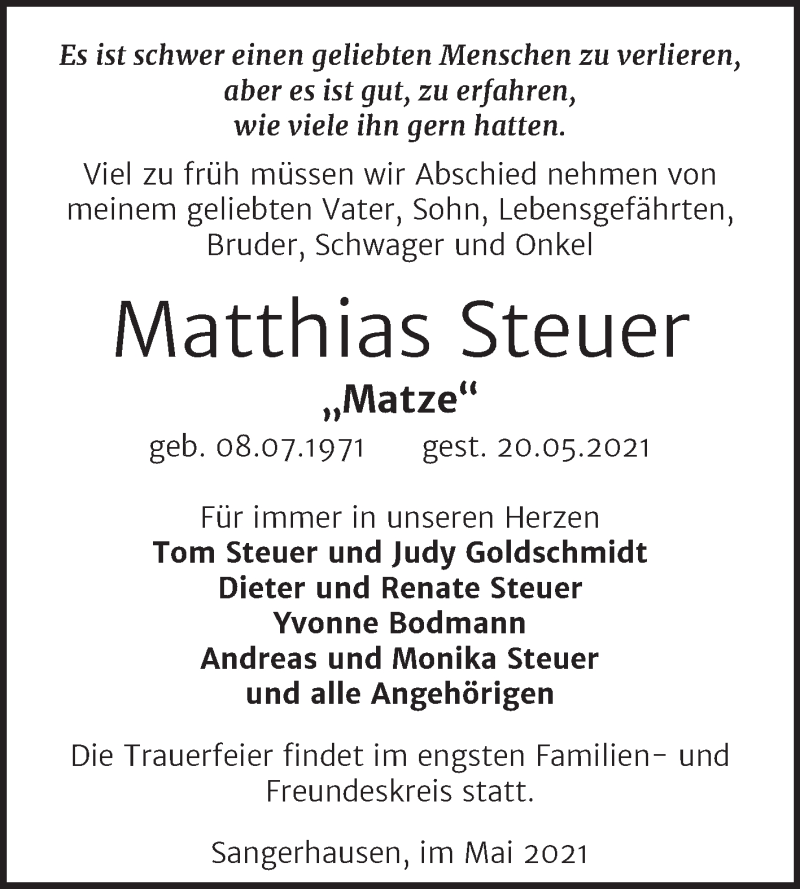  Traueranzeige für Matthias Steuer vom 28.05.2021 aus Trauerkombi Sangerhausen