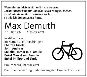Traueranzeige von Max Demuth von Trauerkombi Merseburg