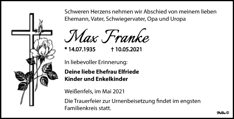  Traueranzeige für Max Franke vom 22.05.2021 aus Trauerkombi Weißenfels
