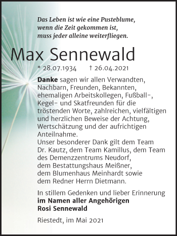 Traueranzeige von Max Sennewald von Trauerkombi Sangerhausen