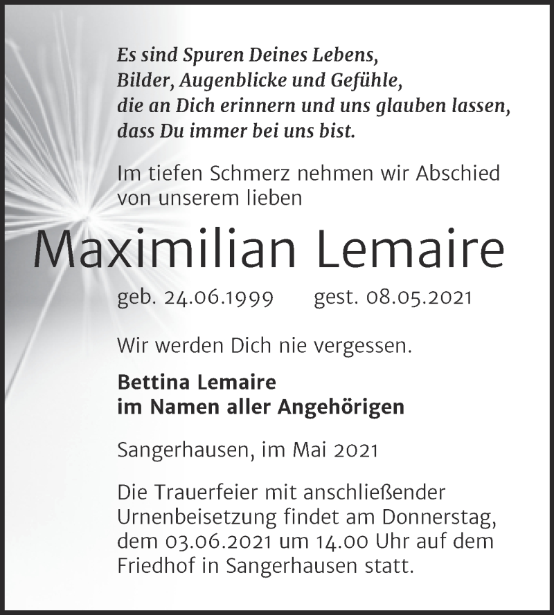  Traueranzeige für Maximilian Lemaire vom 21.05.2021 aus Trauerkombi Sangerhausen
