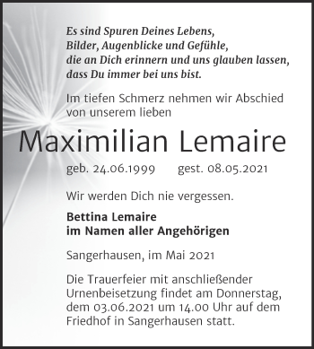 Traueranzeige von Maximilian Lemaire von Trauerkombi Sangerhausen