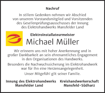 Traueranzeige von Michael Müller von Super Sonntag Mansfelder Land