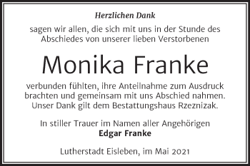 Traueranzeige von Monika Franke von Trauerkombi Mansfelder Land