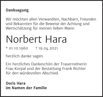 Traueranzeige von Norbert Hara von Trauerkombi Sangerhausen