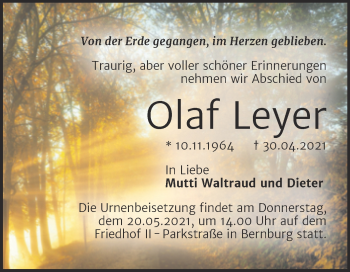 Traueranzeige von Olaf Leyer von Trauerkombi Bernburg