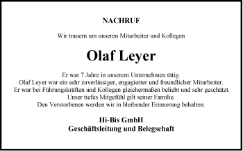 Traueranzeige von Olaf Leyer von Mitteldeutsche Zeitung Salzlandkreis