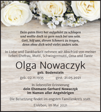 Traueranzeige von Olga Nowaczyk von Trauerkombi Mansfelder Land
