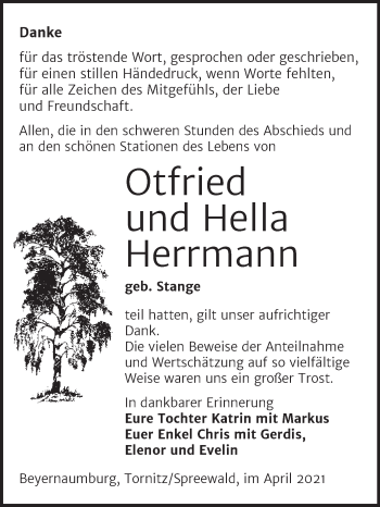 Traueranzeige von Otfried und Hella Herrmann von Trauerkombi Sangerhausen