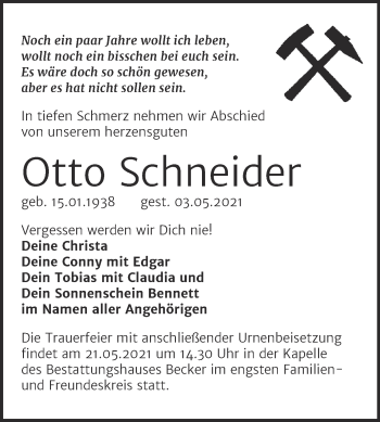 Traueranzeige von Otto Schneider von Trauerkombi Sangerhausen