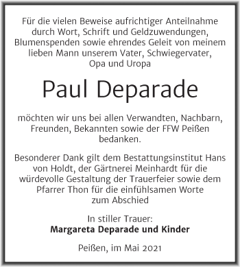 Traueranzeige von Paul Deparade von Mitteldeutsche Zeitung Halle/Saalkreis