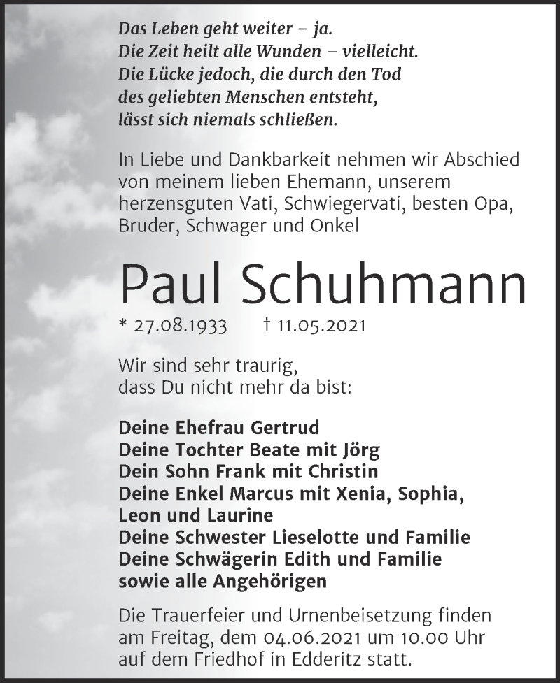  Traueranzeige für Paul Schuhmann vom 19.05.2021 aus Trauerkombi Köthen