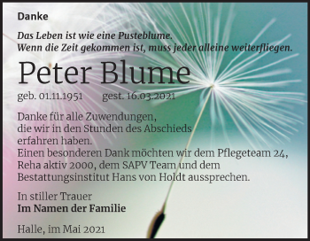 Traueranzeige von Peter Blume von Mitteldeutsche Zeitung Halle/Saalkreis