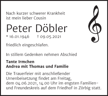 Traueranzeige von Peter Döbler von Trauerkombi Bitterfeld