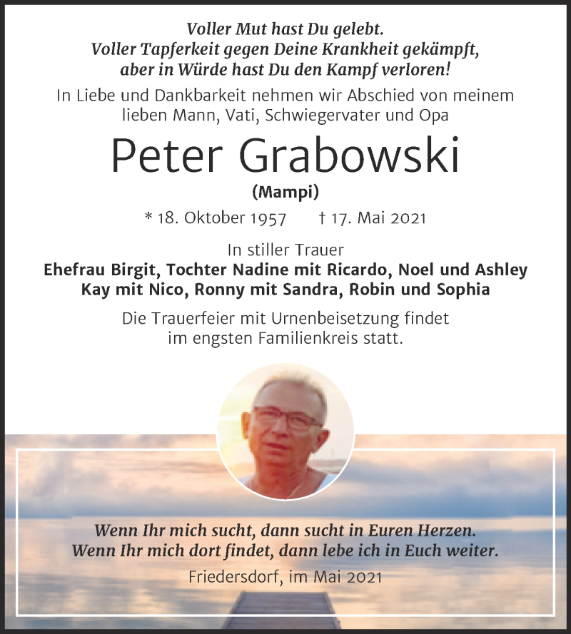  Traueranzeige für Peter Grabowski vom 29.05.2021 aus Trauerkombi Bitterfeld